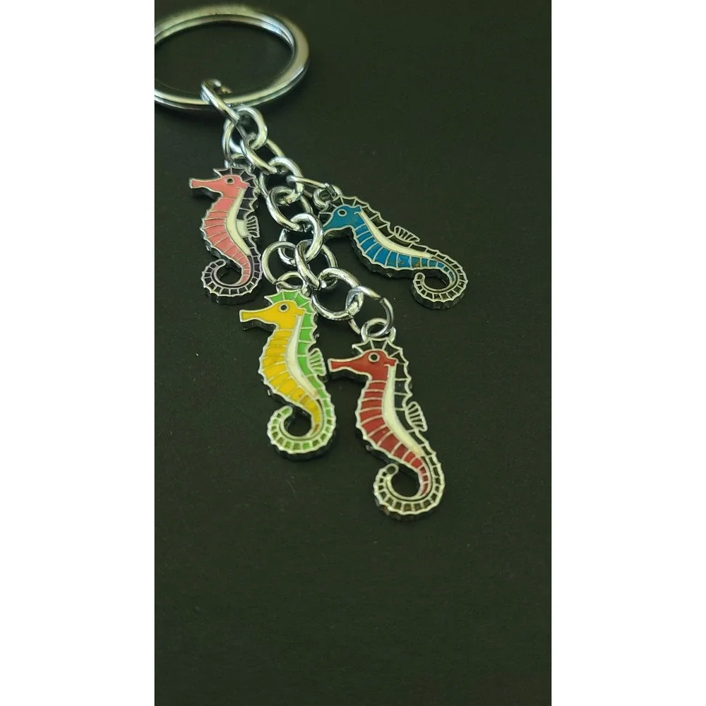 Colorful Enamel Seahorse Charm Keychain Silver Tone Ocean Beach Coastal 4.5in
